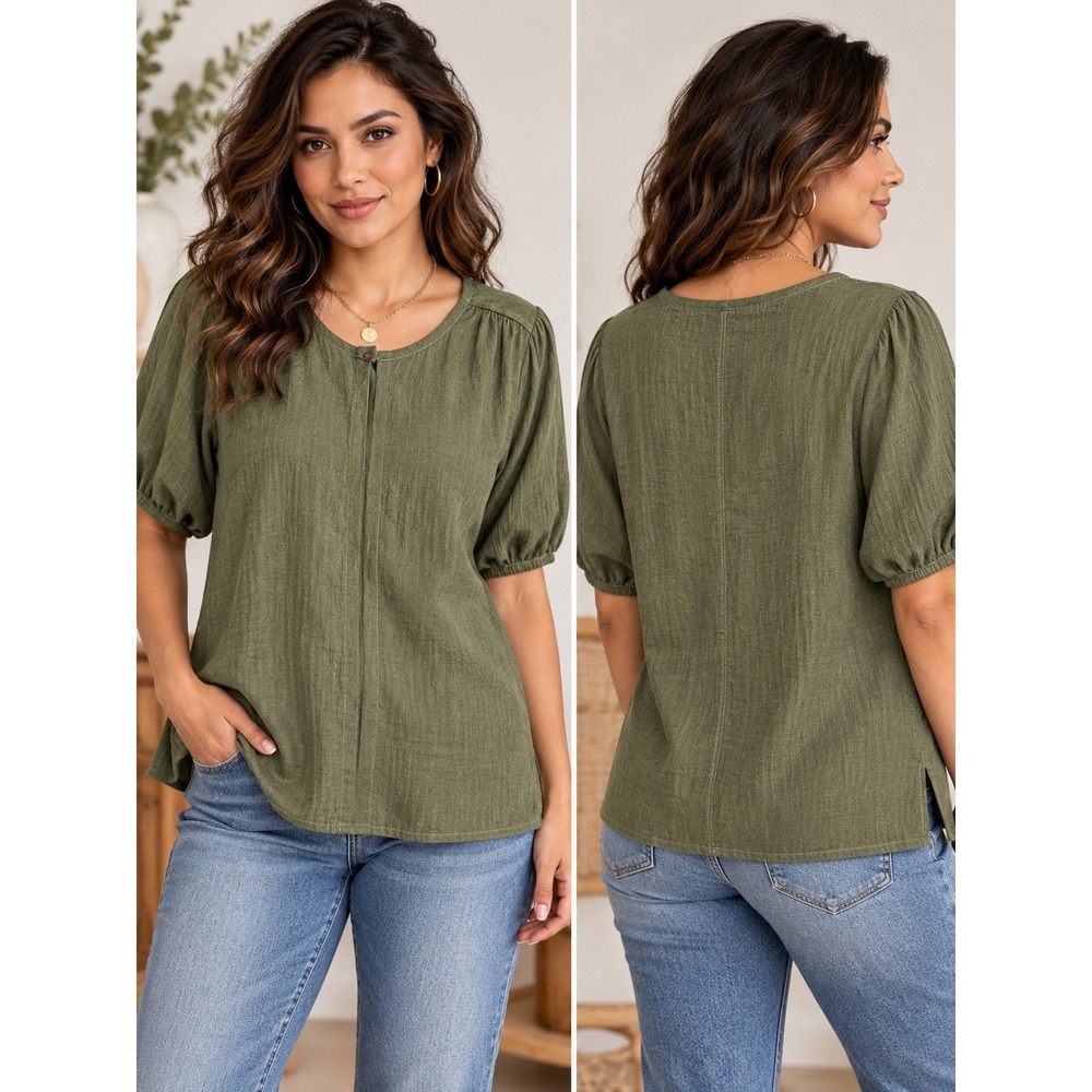 Max Studio London Olive Puff Sleeve Blouse L NWT Textured Split Neck Boho